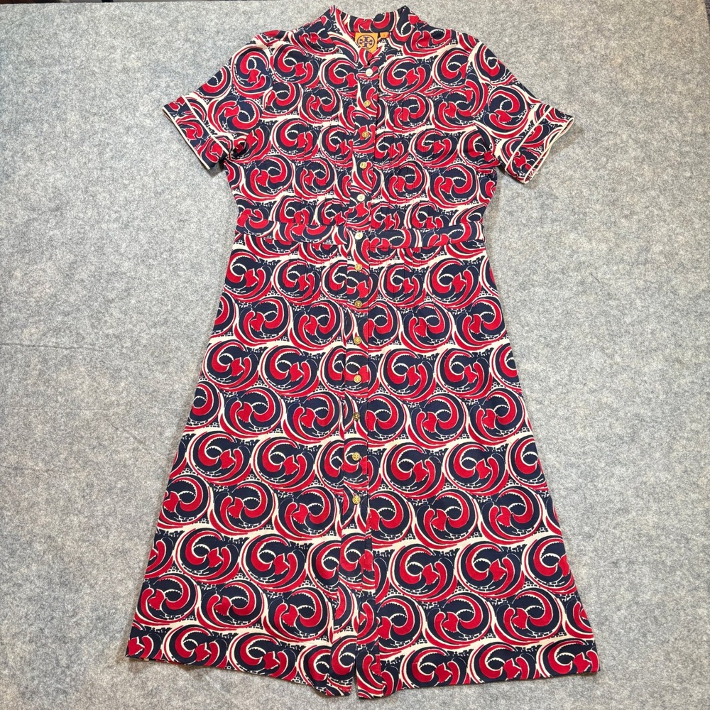 Tory Burch Dress Womens S Red Blue Swirl Print Button Front Logo 70s Geometric